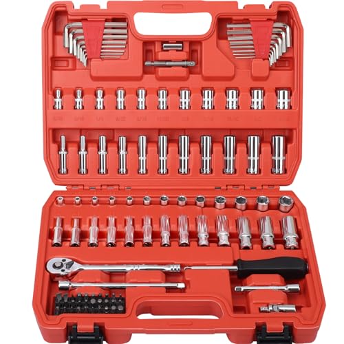 Egofine 1/4”Drive Socket Ratchet Wrench Set,101 PCS Metric(4-14mm),SAE(5/32-9/16”),with 72-Teeth Ratchet Wrench,Bit Socket Set,Extension Bar,Allen wrench for Auto Repair and Household