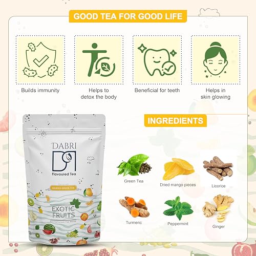 Image of DABRI Mango Green Tea 100g Pouch | Tropical Bliss | Fruit blend | Uplifts mood | Naturally dried ripe mangoes | No artificial flavor | Great for Cold brew | Premium Tea Blend | Refreshing summer tea