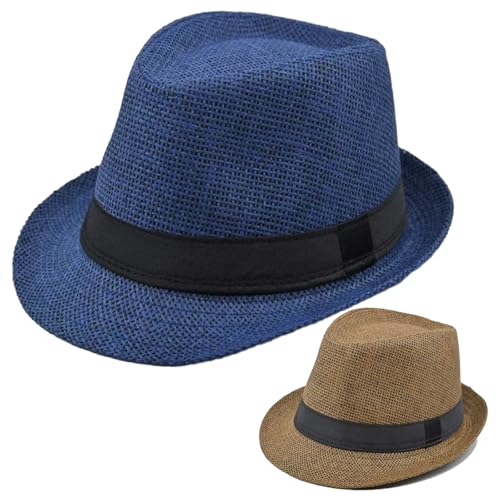 Image of 2 Pack Straw Fedora Hats for Men and Women, Short Brim Summer Beach hat, Trilby Panama Sun Hats.