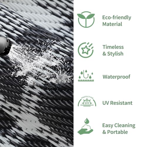 Image of GENIMO Outdoor Rug, Waterproof Plastic Rugs for Patio, 6'x9' Black Plaid | Outside Larger Modern Carpet Mat for Porch Decor, Deck, Balcony, Camping, RV, Backyard, Picnic, Beach, Reversible, Foldable