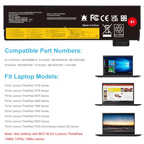 ASUNCELL 11.4V/24Wh 61 01AV423 Laptop Battery for Lenovo ThinkPad T470 T570 A475 A485 T480 T580 P51S P52S TP25, 4X50M08810 61 01AV422 SB10K97579 SB10K97580 01AV424 SB10K97581 01AV452 - Image 2