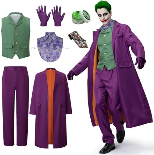 IEEILULU Joker Kostüm Herren, Horror Clown Kostüm Herren Halloween Killer Joker Outfit Set mit Lila Mantel, Grüne Weste, Hose, Krawatte, Falschem Hemdkragen und Handschuhen für Hal