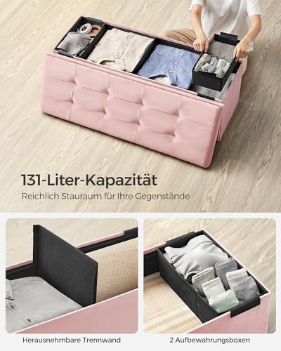 SONGMICS Sitzhocker mit Stauraum, klappbare Sitzbank, 38 x 110 x 38 cm Fußbank, Aufbewahrungsbox, bis 300 kg belastbar, für Wohnzimmer Schlafzimmer Flur, pastellrosa LSF277R01