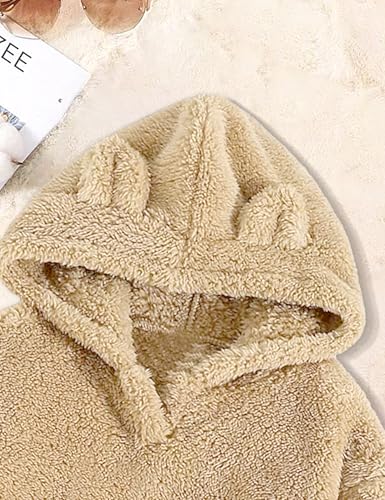 Image of Shallmu Girls Fuzzy Bear Ear Plaid Hoodie Pullover Sweatshirt with Pocket Sweatpants Fall Winter 2 Piece Outfits