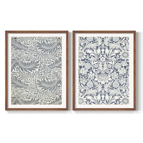 Renditions Gallery Set of 2 Peel & Stick Framed Prints, Abstract Wall Art, Silver and blue Botanical Tapestry Wall Decor, Re-Stickable - Ready to Hang - 8"x10" - Walnut Frame GAL044