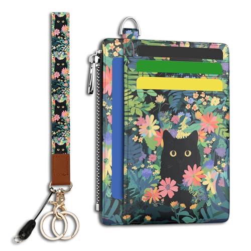 Image of Hancynir Flower Black Cat Floral Slim Wallet Women Credit Card Holder Small Cute RFID Blocking Front Pocket Wallet Wristlet Keychain Lanyard Card Case Thin Travel Zipper Coin PU Leather Ladies Gifts