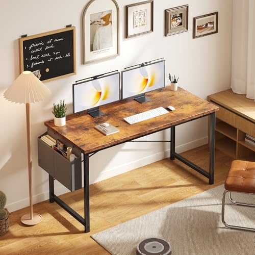 Image of OLIXIS Computer Desk, 55 Inch Gaming Desks for Home Office Small Spaces | Writing Study Craft Work Table, Computer Workstation for Bedroom with Storage Bag, Rustic Brown
