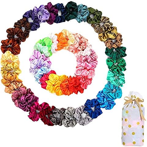 50 Satin Hair Scrunchies in Multiple Colors - Silk Accessories for Curly Hair, Teens and Girls - With Gift Bag Cover