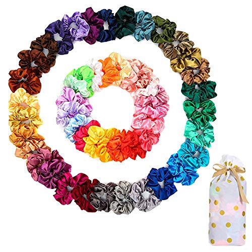 50 PCS Satin Hair Scrunchies for Curly Hair Silk Scrunchies for Hair Satin Hair Accessories for Girls Scrunchy Hair Tie Ropes for Teens Hair Accessories with Gift Bag