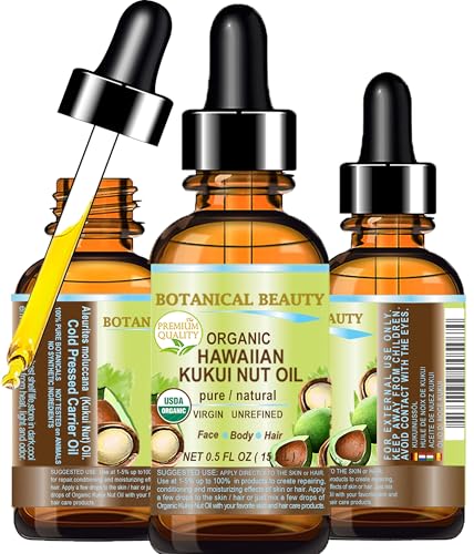 Botanical Beauty Certified Organic KUKUI NUT OIL 100% Pure Natural Virgin Unrefined Cold-Pressed Carrier Oil for Face Skin Body Hair Lip Nails. Rich in Vitamin E (0.5 Fl Oz)