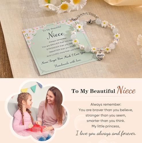 Image of MEALGUET To Niece Bracelet Gifts for Girls : Cute Daisy Flower Natural Cat Eye Stone Beaded Heart Charm Bracelets Jewelry Birthday Back to School Gift to Nieces from Aunt Auntie Uncle