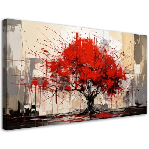 Feeby - Impression sur Toile - Tableau Decoration Murale - Arbre Abstraction Rouge - 80x40 1partie - Salon Peinture Tableaux - Moderne Reproductions Tableaux -...