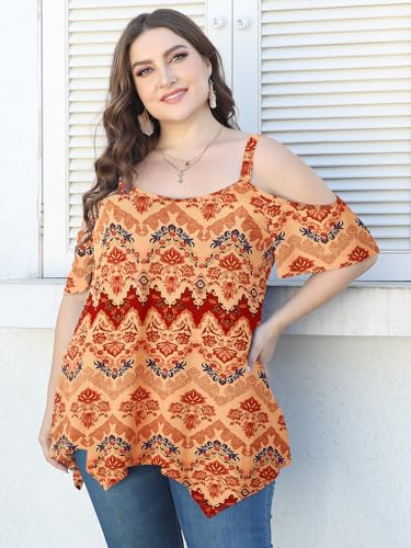 Image of LARACE Cold Shoulder Tops for Womens Summer Clothes Spaghetti Strape Tunic Oversized Shirts Asymmetrical Plus Size Blouse