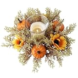 Thanksgiving Candle Ring Pumpkin Sunflower Small Wreath 9.84” Table Decor for Fall Autumn Harvest Festival Farmhouse Halloween Party Supplies