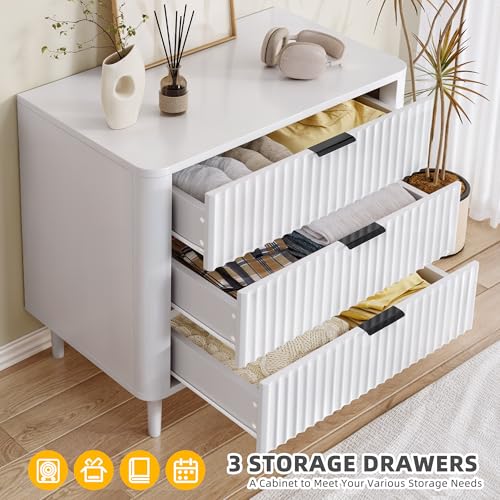 DWVO Fluted 3 Drawer Dresser, 32.5 Wider Modern Dressers Chest of Drawers with Solid Wood Legs, Wood Storage Dresser Organizer for Dorms, Flats, Living Rooms, Hallways, White