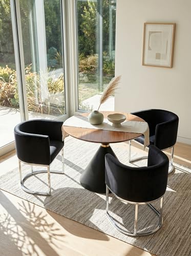 Image of HNY Mid Century Modern Upholstered Barrel Dining Chairs with Arms Set of 3, Velvet Kitchen & Dining Room Chairs, 18.5 inch Wide Accent Chairs for Dining Room Living Room with Chrome Metal Frame, Black