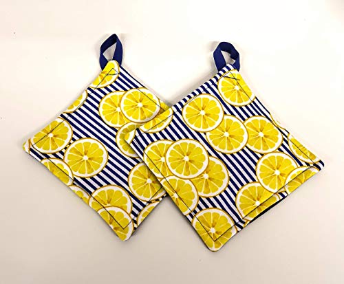 Pot holder for kitchen Pot Holder Set Oven Hot Pad Pot Holder for Cooking or Baking in a Blue Lemon Fabric Print