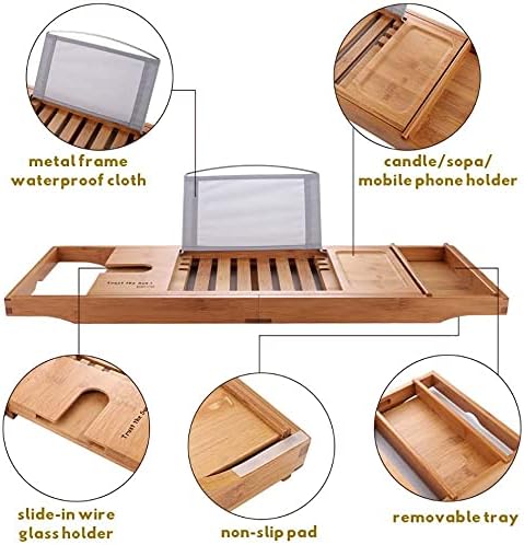 SUNFICON Bamboo Bath Tray Bathtub Caddy Bath Tub Reading Shelf Rack Organizer Removable Storage Tray Extending Sliding Side Mug/Wineglass/Phone Holder, Metal Frame Book/Tablet Holder Waterproof Cloth