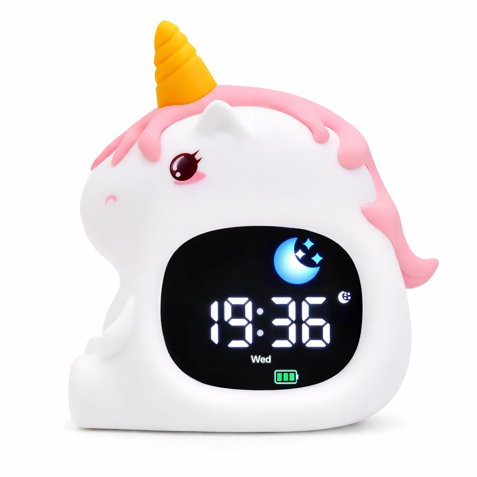 Kinderwecker Digital Einhorn mit Schlaftrainer – Wecker ohne Ticken, Sonnenaufgang, White Noise, Snooze & Nachtlicht
