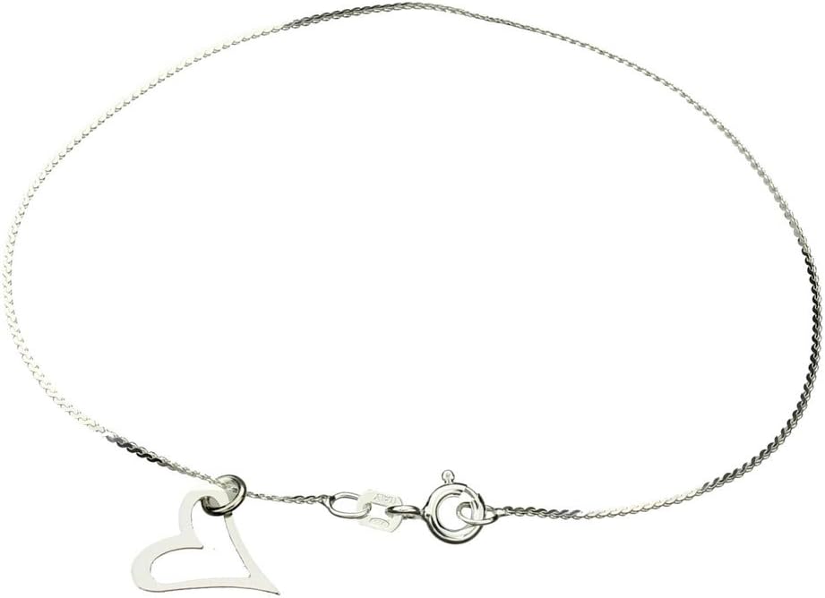 Sterling Silver Heart Charm Serpentine Nickel Free Chain Anklet Italy, 9.5"
