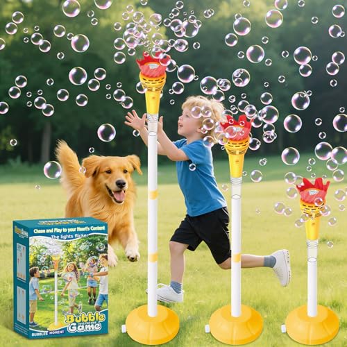 Infowush Torch Bubble Machine for Kids, Rechargable Bubble Maker Bubble Toys with Light & Music, Outdoor Automatic Standing Height Adjustable Bubble Machine for Toddlers 1-3, Xmas Birthday Party Gifts
