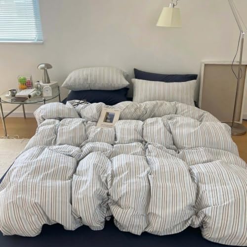 Image of Nayoroom Striped Duvet Cover Queen Size Blue White Striped Duvet Cover Aesthetic Dorm Bedding Set 3 Pieces Soft Lightweight Microfiber Farmhouse Bedding Set Gifts for Women Men