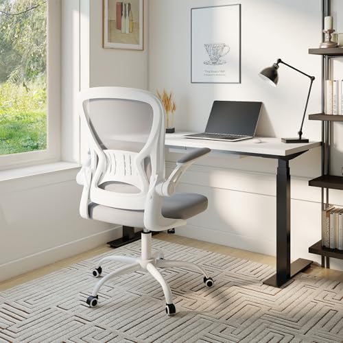Image of Youhauchair Adjustable Mesh Ergonomic Office Chair with Wheels, Grey | Flip-up Arms, Lumbar Support, Home Desk Chair, Height Adjustable, Breathable, Mid Back Swivel Compurter Chair, Set of 1