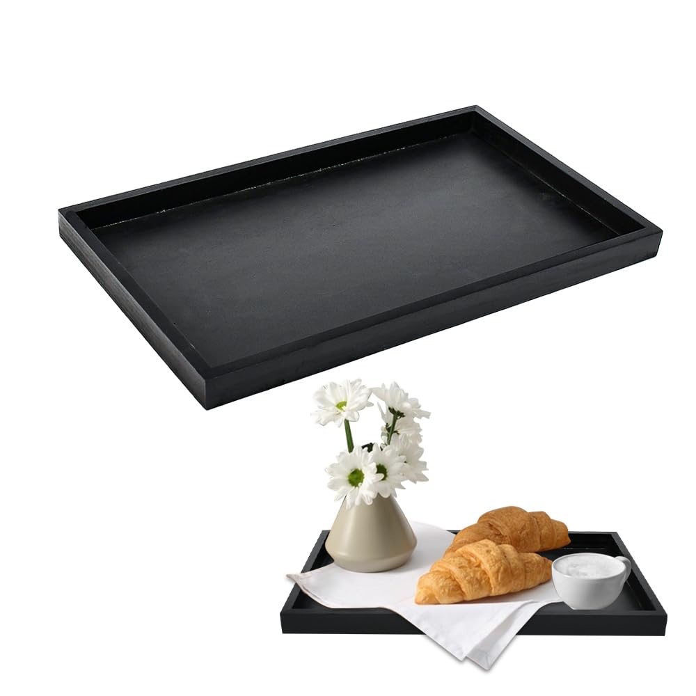Vassoio da Portata Nero, Vassoio in Legno Nero, Vassoio Portaoggetti Rettangolare Moderno Vassoio Decorativo per Caffè, Snack e Frutta per Casa, Cucina, Bar e Ristorante, 32 x 20 x 2 cm