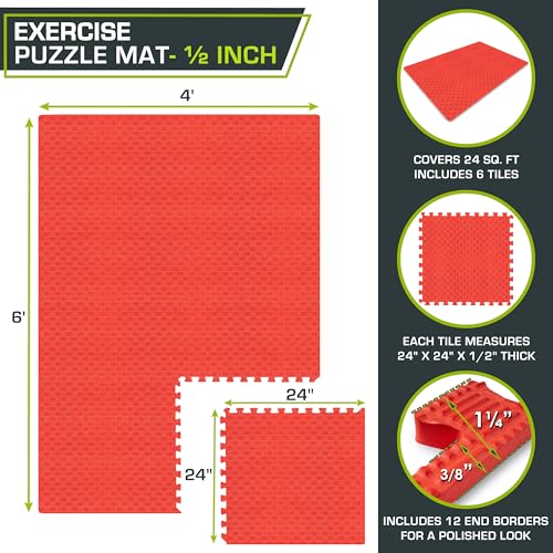 Image of ProsourceFit Exercise Puzzle Mat -inch, Checkered EVA Foam Floor Tiles w /Non-Slip Texture, Interlocking Design for Adjustable Gym Surfaces, Shock Absorbing, Red, 24 Sq Ft - 6 Tiles