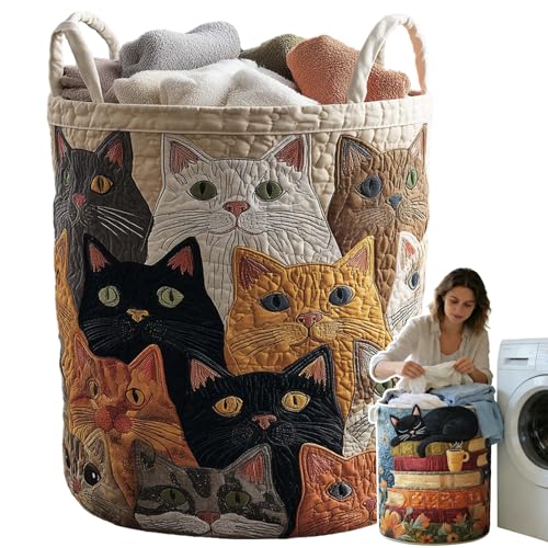Image of Cat Quilted Laundry Basket - 18 inch /22 inch /28 inch, 2026 Large Quilted Cat Laundry Basket with Handles, Cozy Cat Fabric Storage Hamper for Nursery, Bedroom, Laundry Room, Clothes & Toys (5, M 16 inchX22 inch)