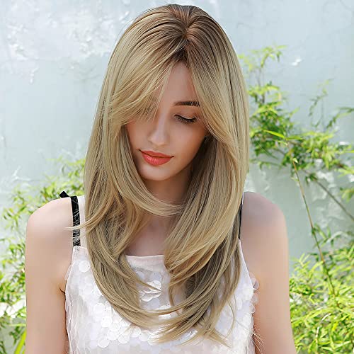MIMAN 19 Inch Long Ombre Blonde Wig Straight Ash Blonde Wig Dark Roots None Lace Front Synthetic Wigs With Bangs Cosplay Wigs Halloween Costume Wigs for Women (Ombre Brown to Blonde)
