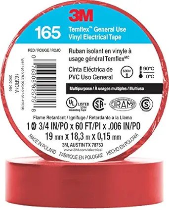 3M Temflex Multi-Purpose Vinyl Electrical Tape 165, Red, 3/4 in x 60 ft (19 mm x 18 m), 10 Roll Pack