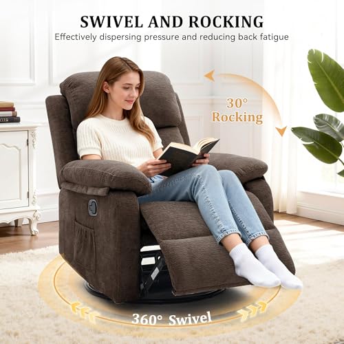 Image of Korser Recliner Chair, 360 Swivel Rocker Chair for Adults, Small Rocking Recliner Chair for Small Spaces, Upholstered Chenille Fabric Glider Recliner Nursery Chair with Side Pockets for Living Room