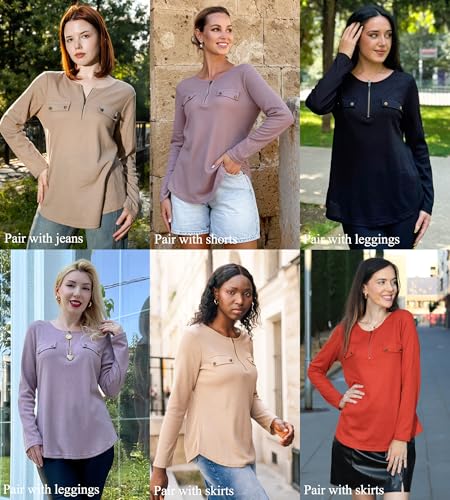 GRACE KARIN Waffle Knit Tops for Women, Long Sleeve Shirts Dressy Casual Tunic Tops, 2025 Fall Work Blouses with Zipper4