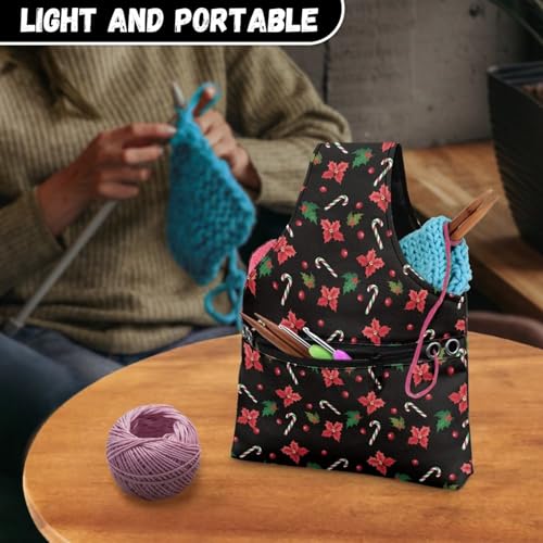 Image of KUIFORTI Christmas Yarn Bag for Crocheting, Xmas Poinsettia Flower Crochet Bag Organizer, Knitting Bag Crochet Bag Small Yarn Bags for Crocheting on The Go
