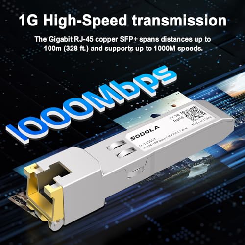 Image of SODOLA 1.25G SFP-T, 10 /100 /1000Base-T Copper SFP, SFP to RJ45 SFP Module Transceiver for,Cisco SFP-GE-T, Meraki, Fortinet, Ubiquiti UniFi UF-RJ45-1G, D-Link, Supermicro, Netgear, TP-Link and More