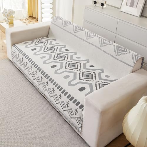 Image of HOMETHREADS Chenille Bohemian Boho Style Sofa Cover | Thick & Soft Luxury Slipcover | Protective, Washable & Stylish Couch Cover for Living Room Decor. (Bohemian Grey, 1 Seater|70x180cm)