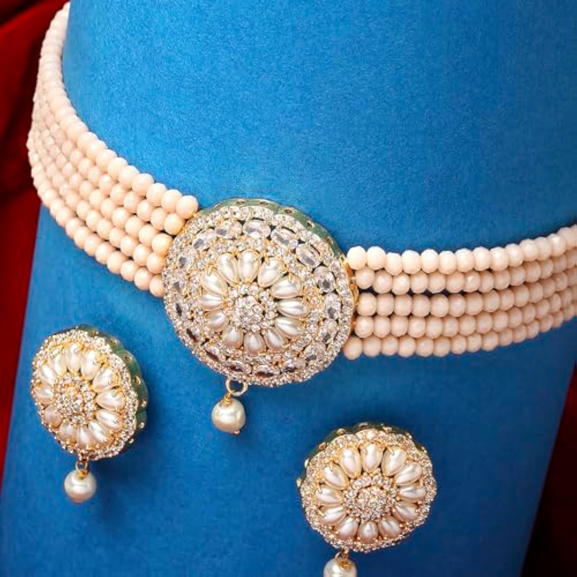 American Diamond Pearl Choker Necklace Earring Set