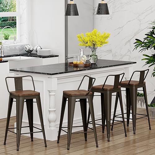 Image of Yongchuang 26 inch Bar Stools Set of 4 Industrial Kitchen Counter Height Barstools with Wood Seat Metal Low Back Bar Chairs Gunmetal