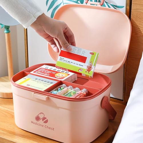 Image of Cyrank First Aid Box, Empty Medicine Box Portable Medicine Container Organizer Storage Box 2 Layer Home First Aid Box for Home Office(Pink)