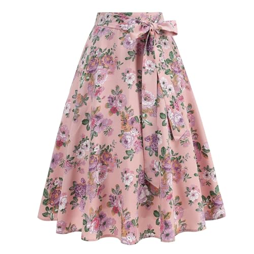 Women's Fashion Floral Print Elegant Midi Skirt, High Waist Tie-Up Bow Ruffle Hem A-Line Skirts Loose Comfy Party Clothes