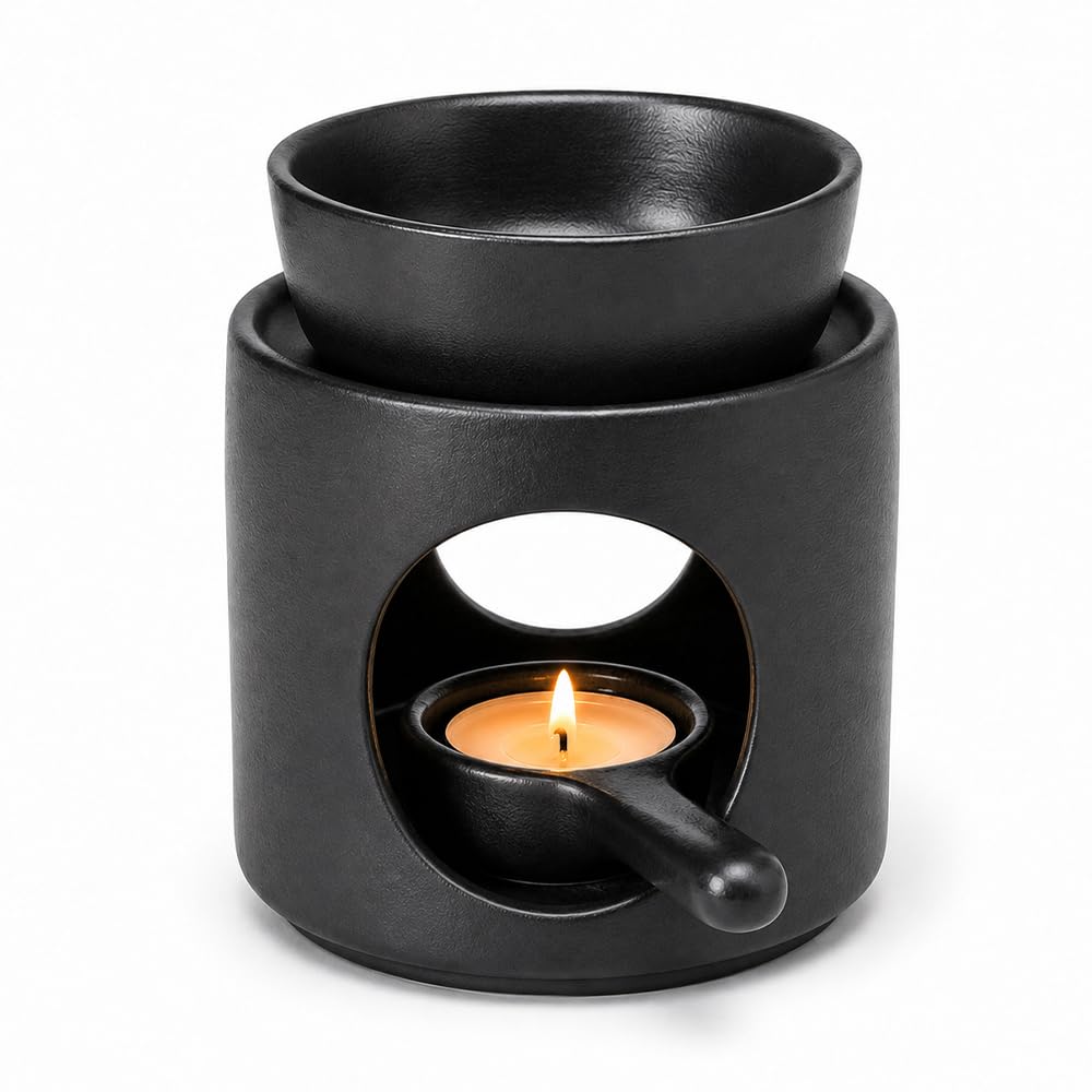 Ceramic Oil Burner, Wax Melt Burner Removable with Tealight Holder (Black)