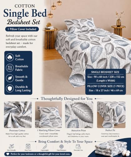 Image of IVAZA 260 TC Soft Ezyption Cotton Floral Single Bed Sheet - Single bedsheet with 1 Pillow Cover Hypoallergenic, Brethable, (Size- 90 x 60 Inch Charcoal Grey