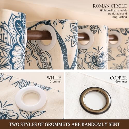 Image of ISAENNE Designer Elegant Linen Printed Curtains,2 Panels,94 inchx65 inch-Ruyi B | Vintage French Cottage Curtain with Grommets 63 inch long,Blue Floral Pattern Draps,kitchen Bedroom Living Room Window