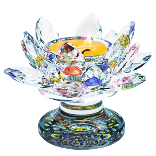 Fahibin Bougeoir Cristal Lotus,Lotus en Cristal Multicolore,Bougeoir Fleurs de Lotus Chandelier Coloré pour décorations de Table, décoration intérieure et...