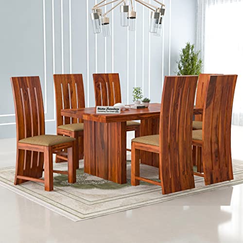 Image of Solid Wooden Dining Set 6 Seater Dining Table with Chairs | Sheesham Wooden Dining Table with 6 Chairs for Home and Hotels | Solid Wood Six Seater Dining Set in Honey Finish