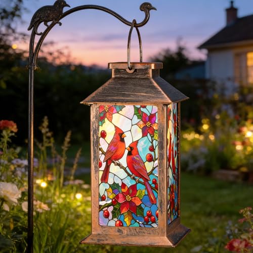 Solar Lanterns Outdoor Waterproof Garden Decor Metal Hanging Decorative Solar Lights Mothers Day Gifts Birthday Gifts for Women Mom Grandma Gardening Gifts for Yard Patio Lawn Tabletop(Cardinal)