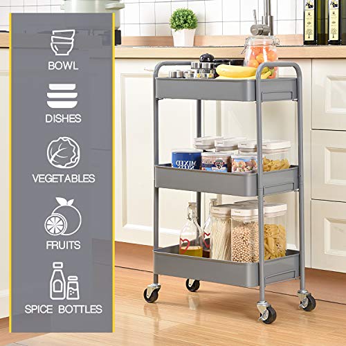 Toolf 3-Tier Rolling Cart, Metal Utility Cart With Lockable Wheels, Storage Craft Art Cart Trolley Organizer Serving Cart Easy Assembly For Office, Bathroom, Kitchen, Kids' Room, Classroom (Grey) #TOP4
