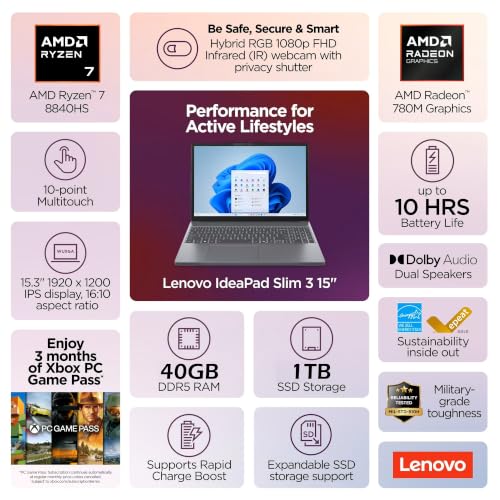 Image of Lenovo IdeaPad Slim 3 15.3 inch WUXGA 1920 x 1200 Touchscreen, AMD Ryzen 7 8840HS, AMD Radeon 780M, 40GB DDR5 RAM 1TB PCIe SSD, Wi-Fi6, Bluetooth 5.3, Windows 11, Luna Grey, w /USB Hub, W /GaLiMu