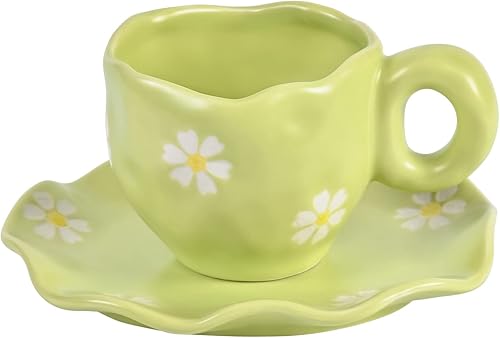 Koythin Juego de tazas de café de cerámica con platillo lindo plato creativo de margaritas para la oficina y el hogar apto para lavavajillas y